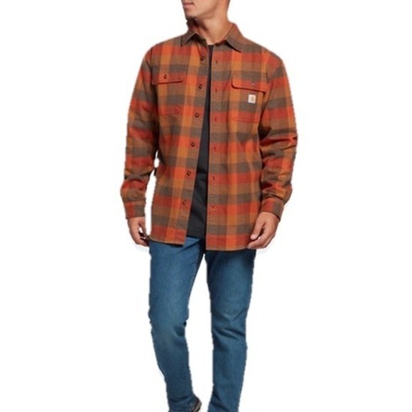 Carhartt Men Heavy Flannel Plaid Shirt Loose Fit Brown Size 3XL NWT - Picture 1 of 6